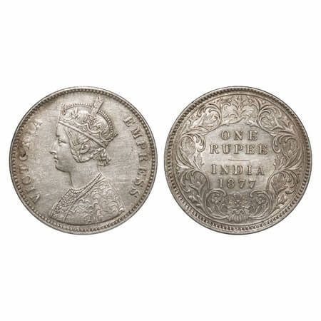 Victoria Empress, Silver, Rupee, 1877, Calcutta Mint, A1/I, No mint mark, Flat 1. F. Prid 