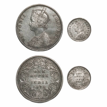 Victoria Empress, Silver, (2 coins), 1) Rupee, 1878, Bombay Mint, A3/I, 2) 2 Annas 1892, B