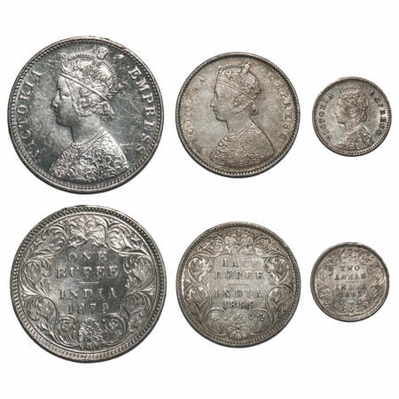 Victoria Empress, Silver, (3 coins), 1) Rupee, 1879, Bombay Mint, A3/I, Dot, 2) Half Rupee