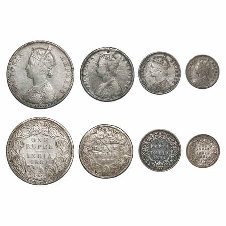 Victoria Empress, Silver, (4 coins), 1) Rupee, 1881, Bombay Mint, A3/I, Dot, 2) Half Rupee