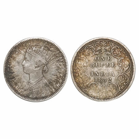 Victoria Empress, Silver, Rupee, 1882, Error, Sun Burst on Obv and Rev. Very Fine+. Rare.