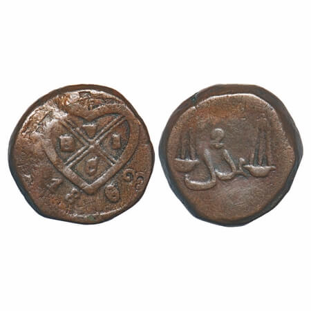 Bombay Presidency, Copper 2 Pice, 21.14g, (1802-1829 AD issue). 1803 AD, Obv: Bale mark, R