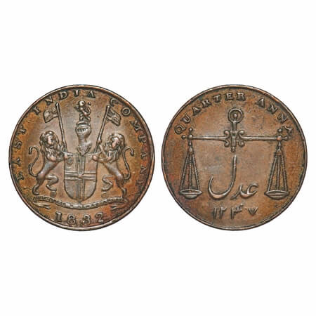 Bombay Presidency, Copper Quarter Anna, 6.60g, (1830-1833 AD Issue), AD 1832/1247 AH. P.St