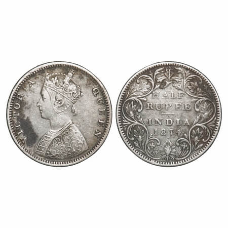 Victoria Queen, Silver, Half Rupee, 1874, Bombay Mint, B2/II, Dot, Ex-Mount. F. Prid 285. 