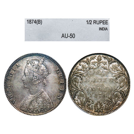 Victoria Queen, Silver, Half Rupee, 1874, Bombay Mint, B2/II, Dot. F. Prid 285. GK 600. NN