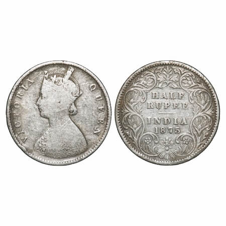 Victoria Queen, Silver, Half Rupee, 1875, Calcutta Mint, A/I, No mint mark. F. Prid 260. G