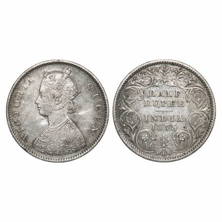 Victoria Queen, Silver, Half Rupee, 1875, Calcutta Mint, A/I, No mint mark. F. Prid 260. G