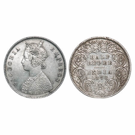 Victoria Empress, Silver, Half Rupee, 1878, Calcutta Mint, A/I, No mint mark, Edge nick on