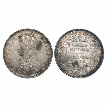 Victoria Empress, Silver, Half Rupee, 1878, Calcutta Mint, A/I, No mint mark. F. Prid 262.