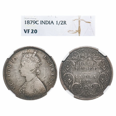 Victoria Empress, Silver, Half Rupee, 1879, Calcutta Mint, A/I, 'C' incused. F. Prid 263. 