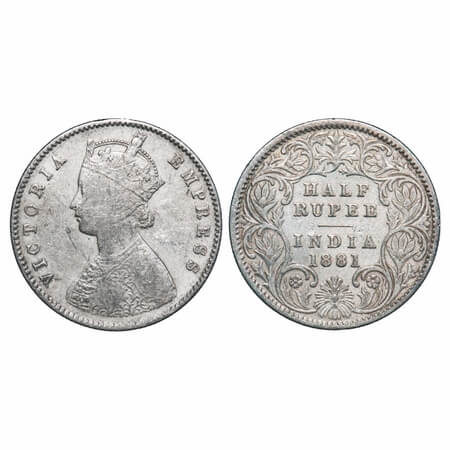 Victoria Empress, Silver, Half Rupee, 1881, Calcutta Mint, A/I, 'C' incused. F. Prid 265. 