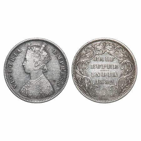 Victoria Empress, Silver, Half Rupee, 1882, Bombay Mint, A/II, Dot. F. Prid 291. GK 620. V