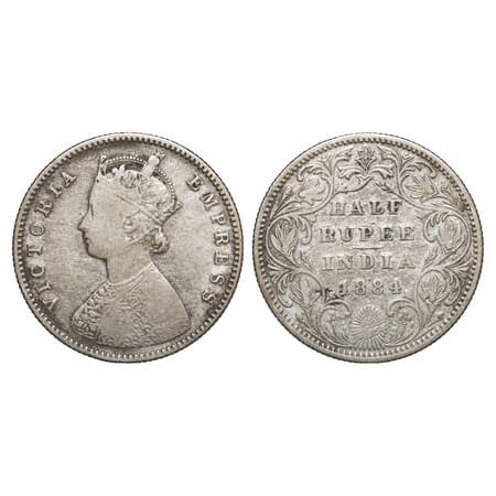 Victoria Empress, Silver, Half Rupee, 1884, Bombay Mint, A/II, Dot. F. Prid 292. GK 625. F