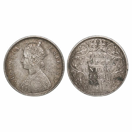 Victoria Empress, Silver, Half Rupee, 1884, Bombay Mint, A/II, Dot, Several scratch marks 