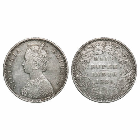 Victoria Empress, Silver, Half Rupee, 1884, Bombay Mint, A/II, No dot, Centre vertical str