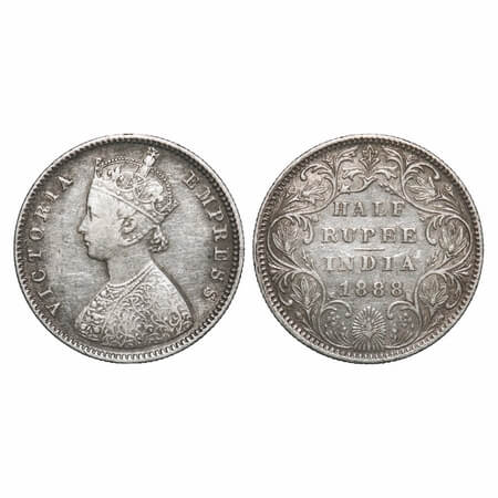Victoria Empress, Silver, Half Rupee, 1888, Bombay Mint, A/II(i), No mint mark, w/o 'B' ma