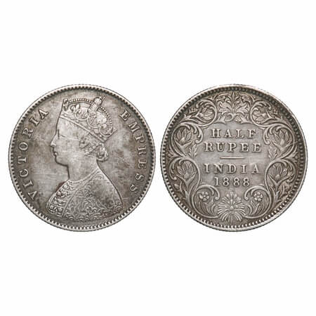 Victoria Empress, Silver, Half Rupee, 1888, Calcutta Mint, A/I, 'C' incused. F. Prid 272. 