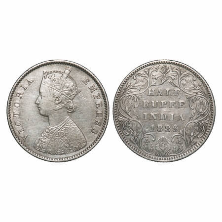 Victoria Empress, Silver, Half Rupee, 1889, Bombay Mint, A/II(i), 'B' raised. F. Prid 299.