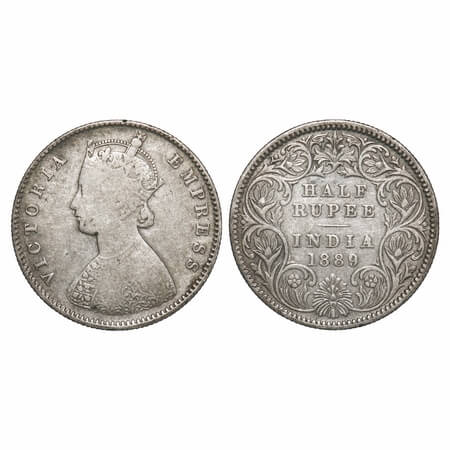Victoria Empress, Silver, Half Rupee, 1889, Calcutta Mint, A/I, 'C' incused. F. Prid 273. 