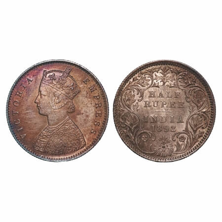 Victoria Empress, Silver, Half Rupee, 1892, Calcutta Mint, A/I, 'C' incused. F. Prid 276. 