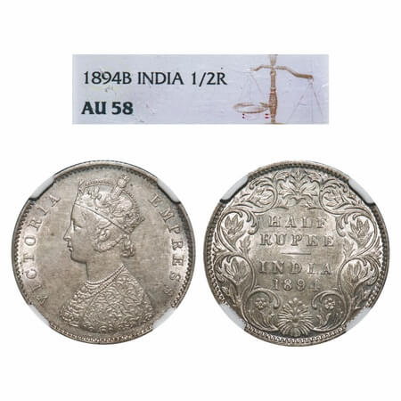 Victoria Empress, Silver, Half Rupee, 1894, Bombay Mint, A/I, 'B' incused. F. Prid 304. GK