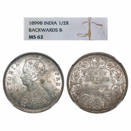 Victoria Empress, Silver, Half Rupee, 1899, Bombay Mint, A/I, 'B' incused, B incused inver