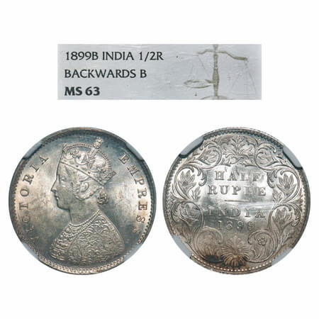Victoria Empress, Silver, Half Rupee, 1899, Bombay Mint, A/I, 'B' incused, B incused inver
