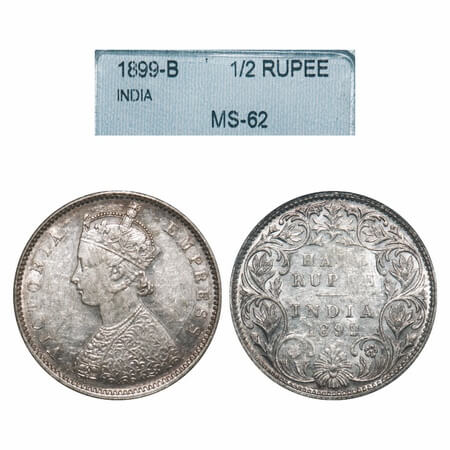 Victoria Empress, Silver, Half Rupee, 1899, Bombay Mint, A/I, 'B' incused, B incused inver