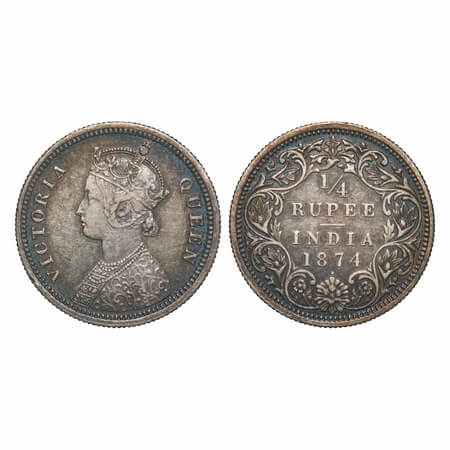 Victoria Queen, Silver, 1/4 Rupee, 1874, Bombay Mint, A/I, Dot. F. Prid 405. GK 664.Extrem