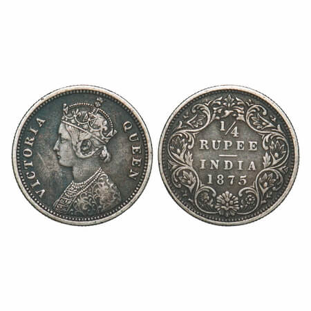 Victoria Queen, Silver, 1/4 Rupee, 1875, Bombay Mint, A/I, No dot. F. Prid 406. GK 666. Ve