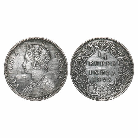 Victoria Queen, Silver, 1/4 Rupee, 1875, Calcutta Mint, A/I, No mint mark, No 'C'. F. Prid