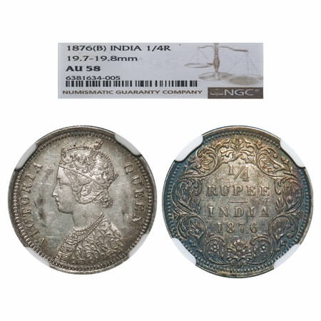 Victoria Queen, Silver, 1/4 Rupee, 1876, Bombay Mint, A/I, No dot. F. Prid 407. GK 668. NG