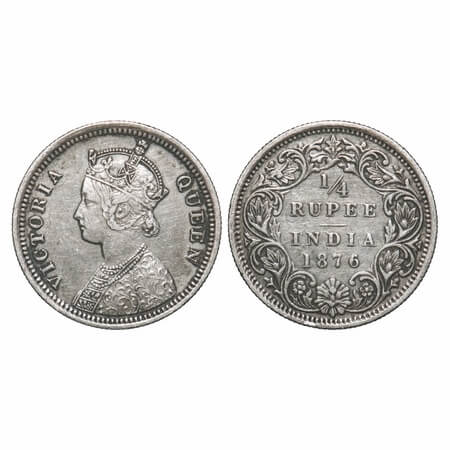 Victoria Queen, Silver, 1/4 Rupee, 1876, Bombay Mint, A/I, No dot. F. Prid 407. GK 668. Ve