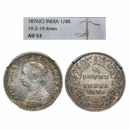 Victoria Queen, Silver, 1/4 Rupee, 1876, Calcutta Mint, A/I, No mint mark, No 'C'. F. Prid