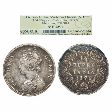 Victoria Queen, Silver, 1/4 Rupee, 1876, Calcutta Mint, A/I, No mint mark, No 'C'. F. Prid