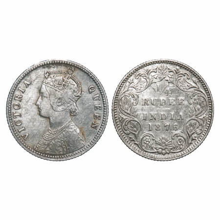 Victoria Queen, Silver, 1/4 Rupee, 1876, Calcutta Mint, A/I, No mint mark, No 'C'. F. Prid
