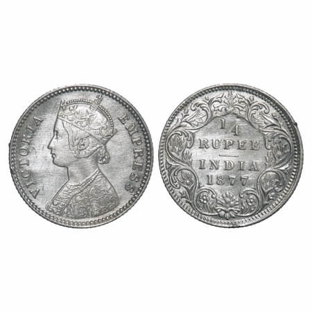 Victoria Empress, Silver, 1/4 Rupee, 1877, Calcutta Mint, B/I, No mint mark, No 'C' , Few 