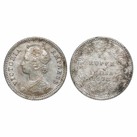 Victoria Empress, Silver, 1/4 Rupee, 1878, Calcutta Mint, C/II, No mint mark, No 'C'. F. P