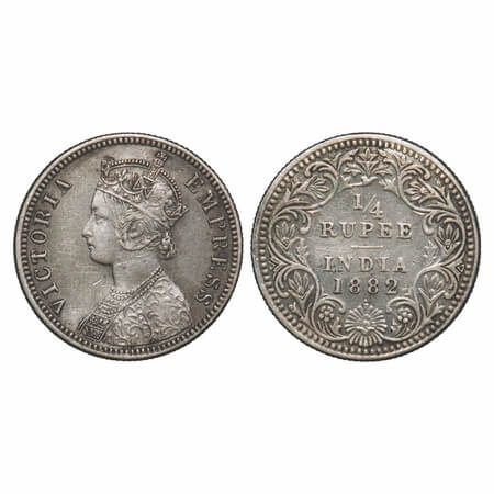 Victoria Empress, Silver, 1/4 Rupee, 1882, Bombay Mint, A/II, Dot. F. Prid 412. GK 681. Ve
