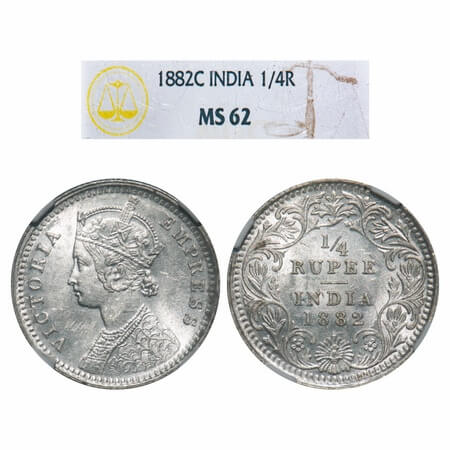 Victoria Empress, Silver, 1/4 Rupee, 1882, Calcutta Mint, C/II, 'C' incused. F. Prid 387. 