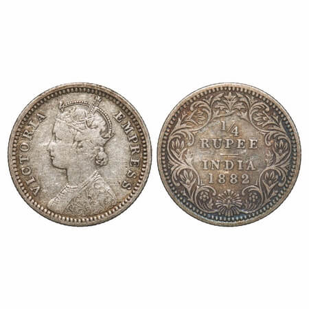 Victoria Empress, Silver, 1/4 Rupee, 1882, Calcutta Mint, C/II, 'C' incused. F. Prid 387. 