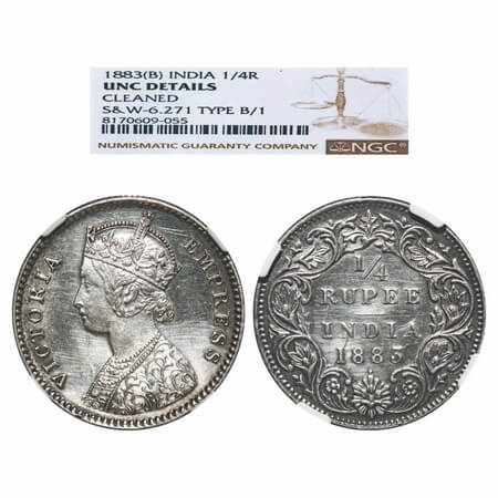 Victoria Empress, Silver, 1/4 Rupee, 1883, Bombay Mint, B/I, Dot. F. Prid 415. GK 689. NGC