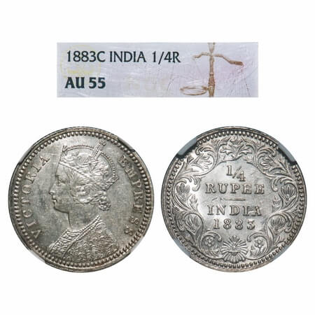 Victoria Empress, Silver, 1/4 Rupee, 1883, Calcutta Mint, C/II, 'C' incused. F. Prid 388. 