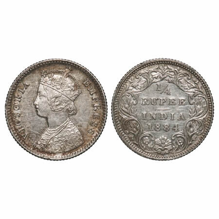 Victoria Empress, Silver, 1/4 Rupee, 1884, Bombay Mint, A/I, 'B' raised. F. Prid 416. GK 6