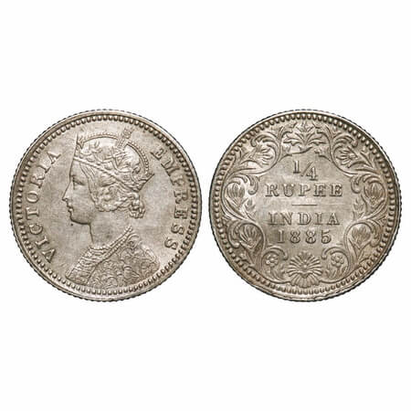 Victoria Empress, Silver, 1/4 Rupee, 1885, Calcutta Mint, C/II, 'C' incused. F. Prid 390. 