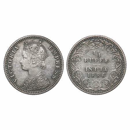 Victoria Empress, Silver, 1/4 Rupee, 1886, Bombay Mint, B/II, 'B' raised. F. Prid Unlisted