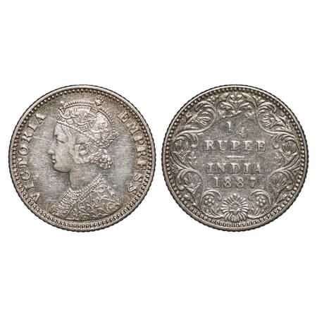 Victoria Empress, Silver, 1/4 Rupee, 1887, Bombay Mint, C(i)/II, 'B' raised. F. Prid 420. 