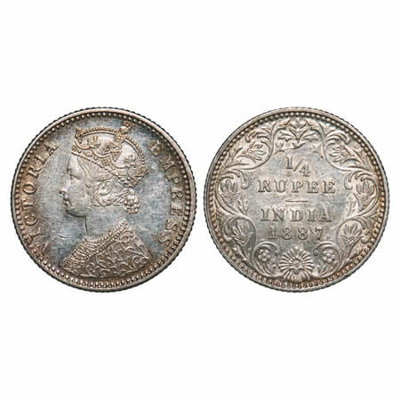 Victoria Empress, Silver, 1/4 Rupee, 1887, Bombay Mint, C(i)/II, 'B' raised. F. Prid 420. 