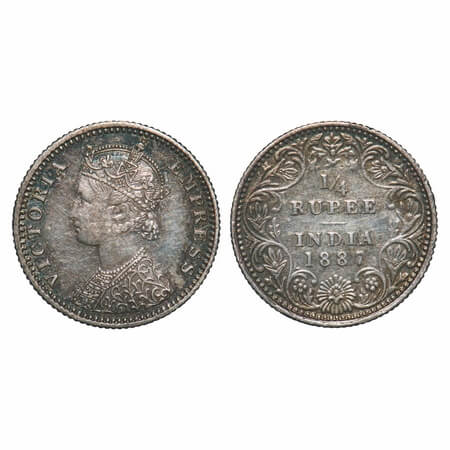 Victoria Empress, Silver, 1/4 Rupee, 1887, Bombay Mint, C(i)/II, 'B' raised. F. Prid 420. 