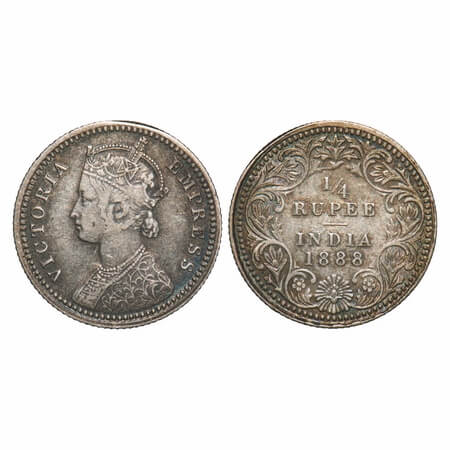 Victoria Empress, Silver, 1/4 Rupee, 1888, Calcutta Mint, C/II, No mint mark, No 'C'. F. P